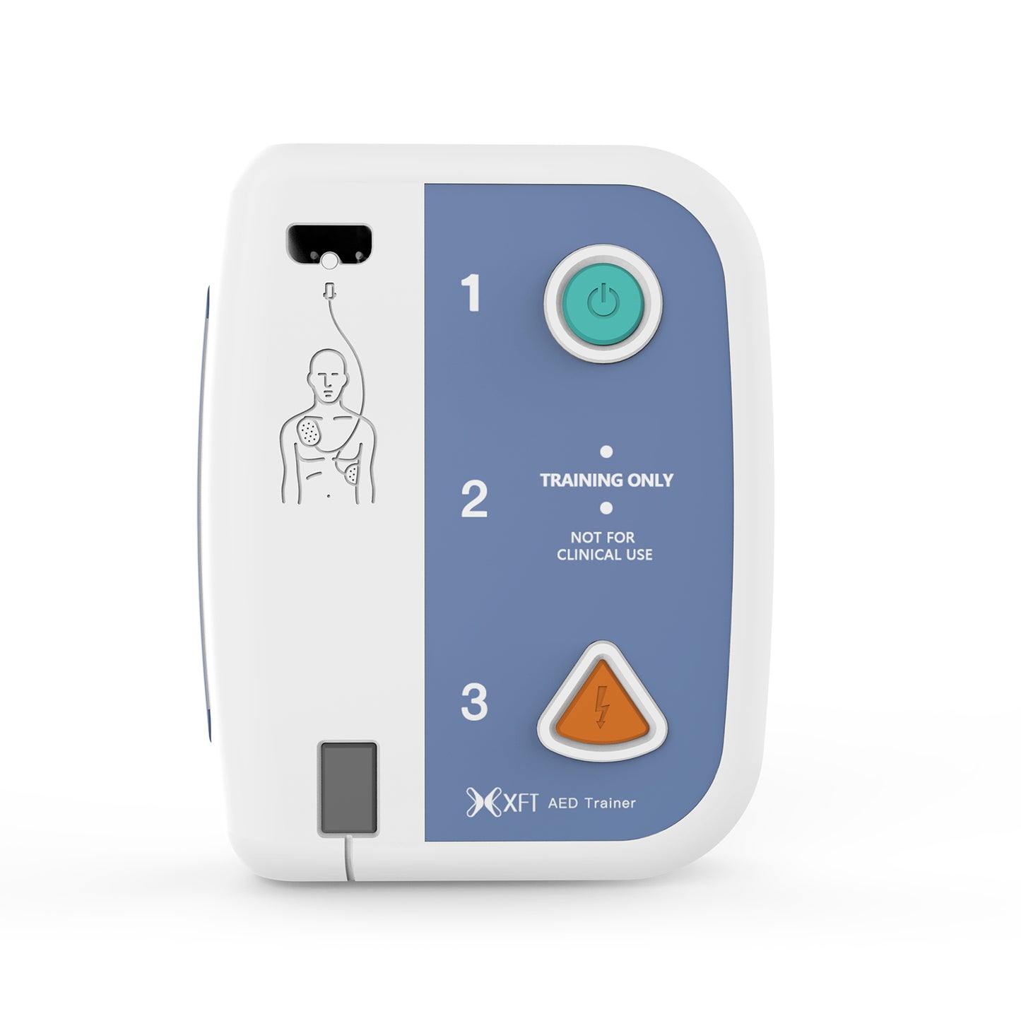 Front view of the XFT-120C AED trainer showing the 1-2-3 step process