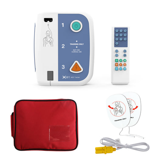 XFT-120C AED trainer shown with included remote control, electrode pads, and red carrying pouch