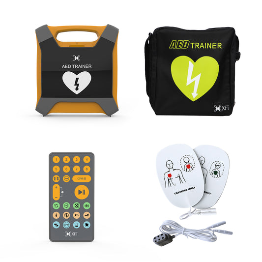 Complete kit of the XFT-120GA AED Trainer with carrying case, pads, and remote control