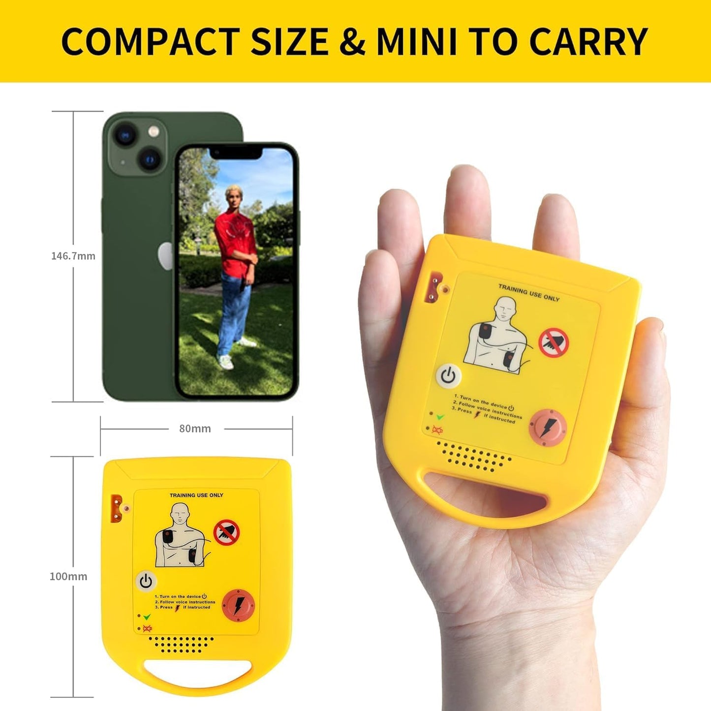 Demonstrating the palm-sized dimensions of the XFT-D0009 mini AED trainer held in hand