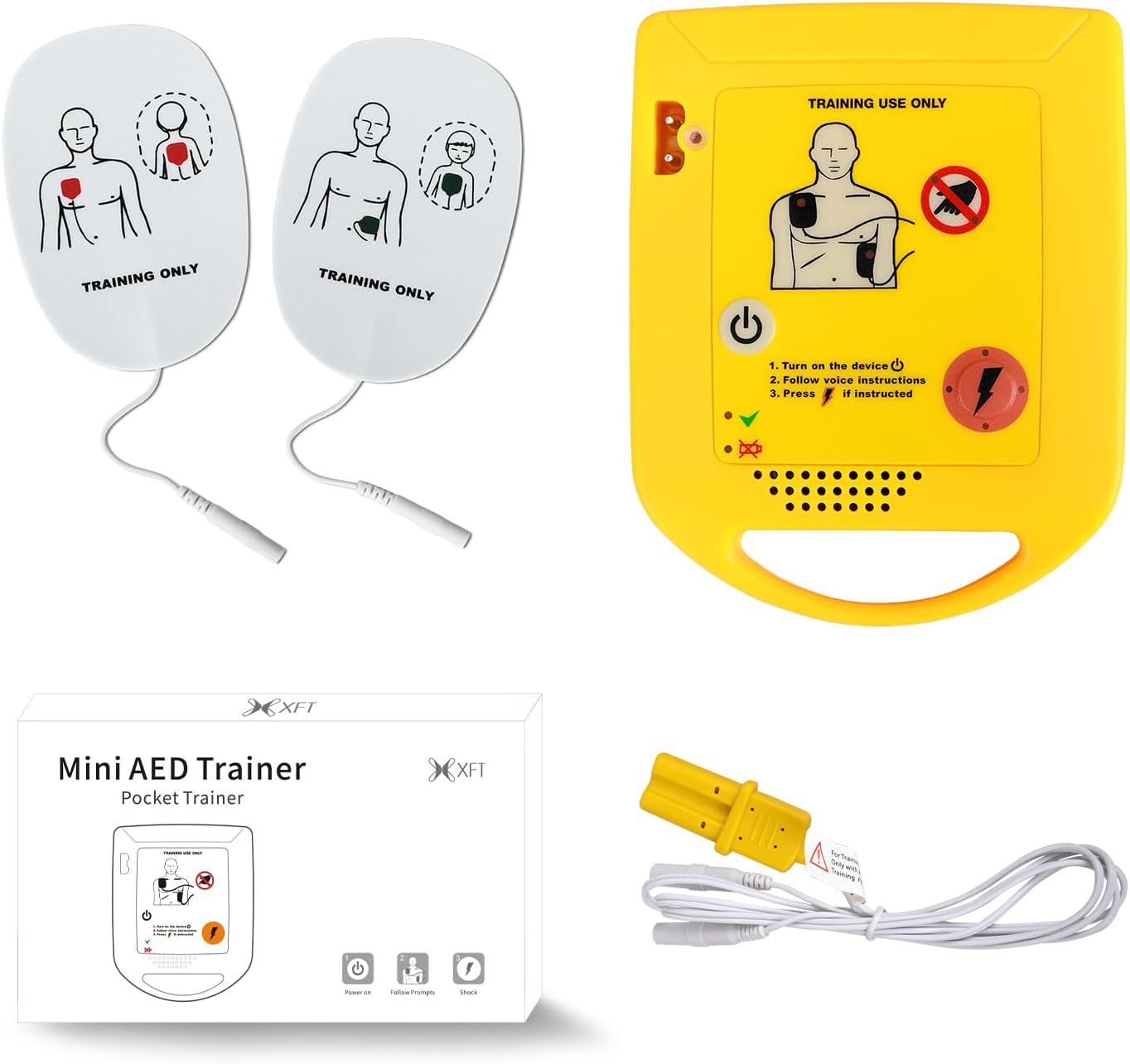 The complete XFT-D0009 mini AED trainer set with its compact carrying case and pads