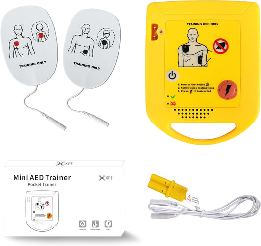 The complete XFT-D0009 mini AED trainer set with its compact carrying case and pads