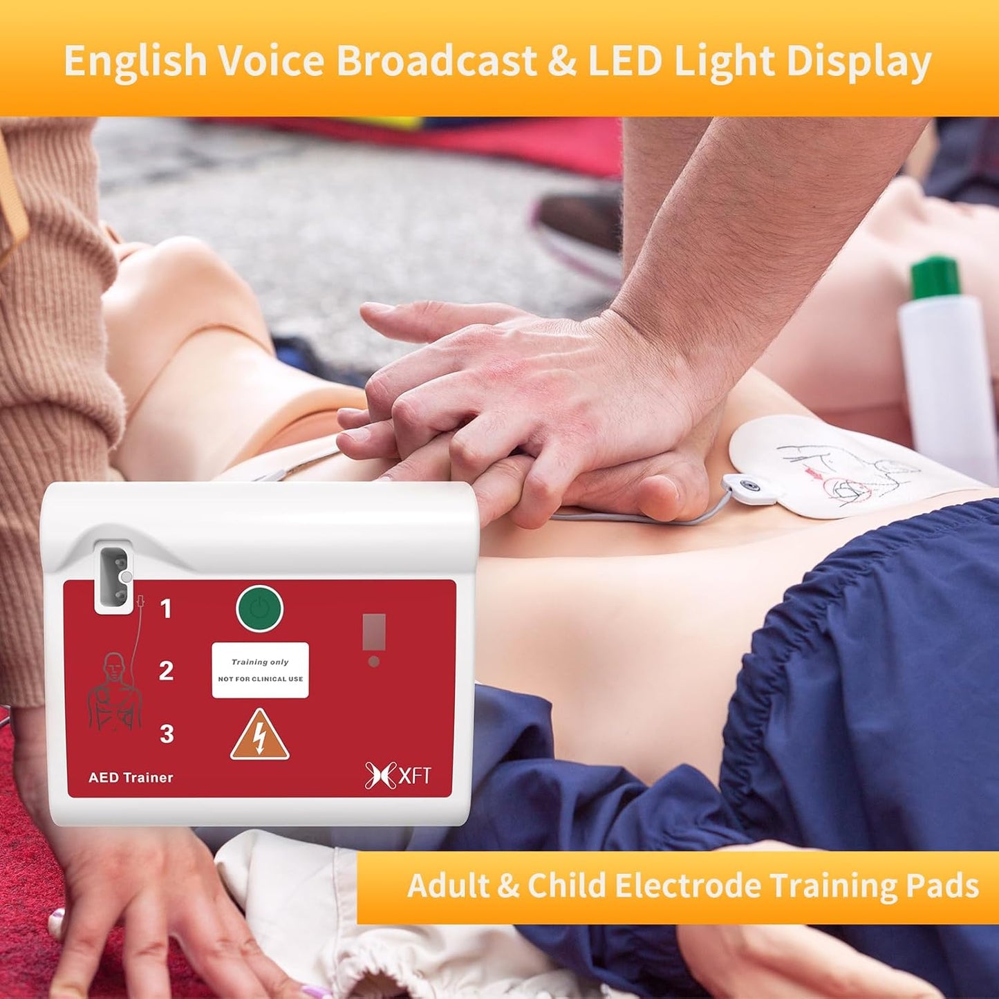 Hands demonstrating the application of electrode pads during CPR training with the XFT-120C AED trainer