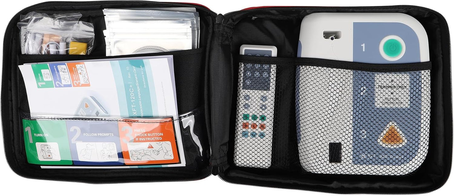 Organized carrying case for the AED trainer, shown open with first aid supplies